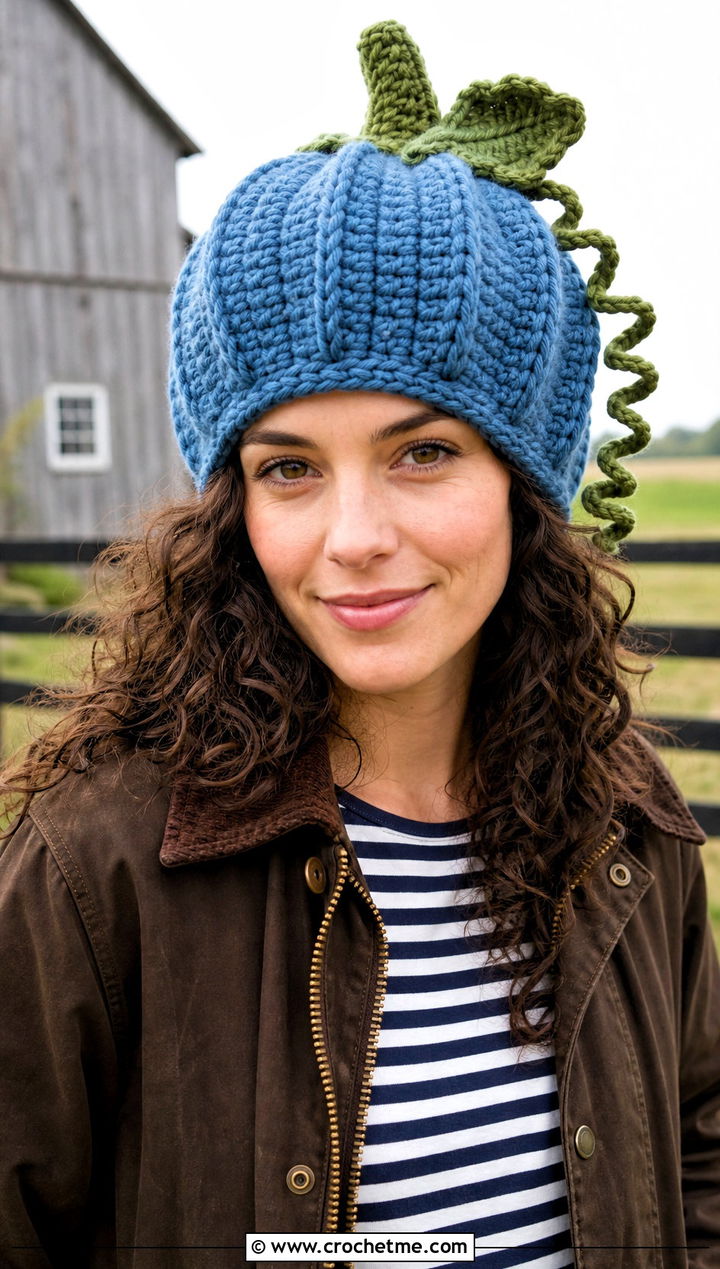 Curly Vine Crochet Pumpkin Beanie With Barn Jacket - 30 crochet pumpkin beanie outfit ideas