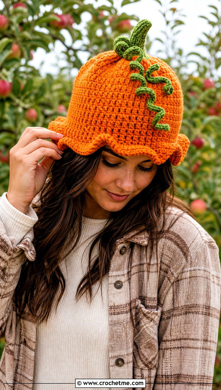 Curly Vine Pumpkin Bucket Hat With Shacket - 30 crochet pumpkin bucket hat outfit ideas