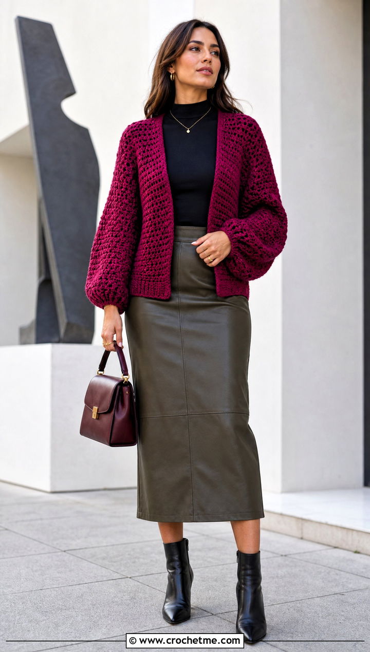 Currant Balloon Sleeve Crochet Cardigan With Leather Midi Skirt - 15 currant crochet cardigan outfit ideas
