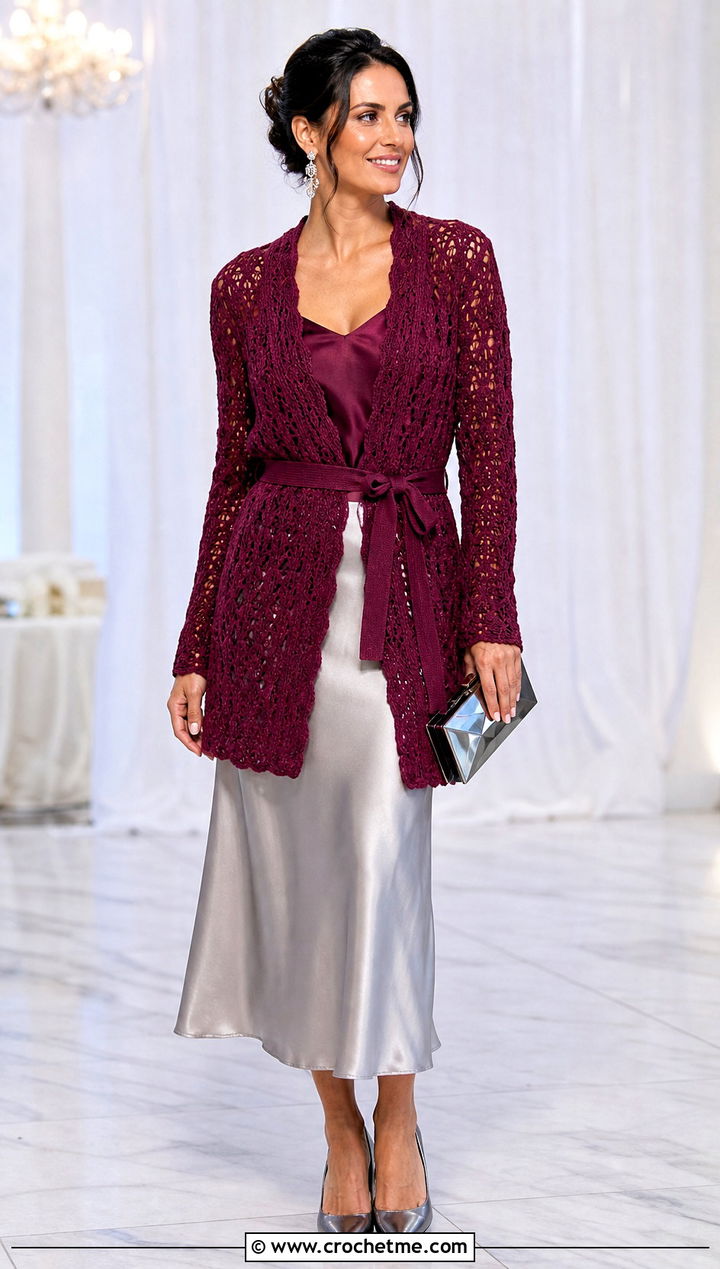 Currant Belted Crochet Cardigan With Satin Midi Skirt - 15 currant crochet cardigan outfit ideas