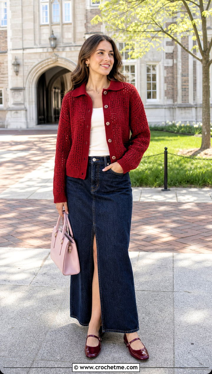 Currant Collared Crochet Cardigan With Denim Maxi Skirt - 15 currant crochet cardigan outfit ideas