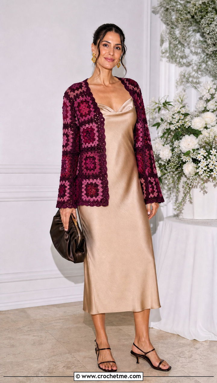 Currant Granny Square Cardigan With Satin Slip Dress - 15 currant crochet cardigan outfit ideas