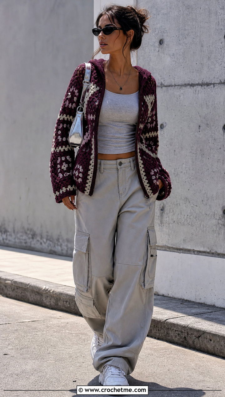 Currant Hooded Crochet Cardigan With Cargo Pants - 15 currant crochet cardigan outfit ideas