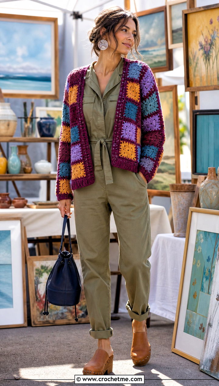Currant Patchwork Crochet Cardigan With Utility Jumpsuit - 15 currant crochet cardigan outfit ideas