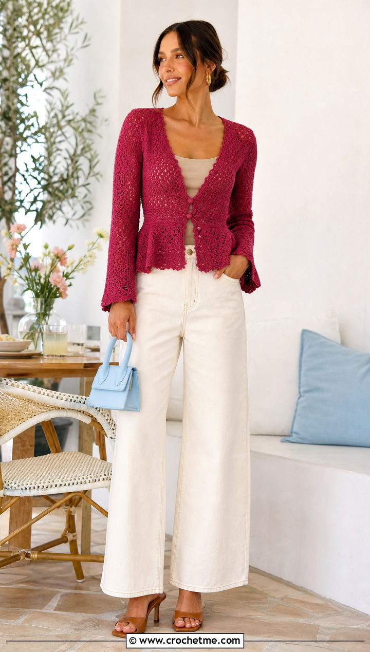Currant Peplum Crochet Cardigan With Wide Leg Jeans - 15 currant crochet cardigan outfit ideas