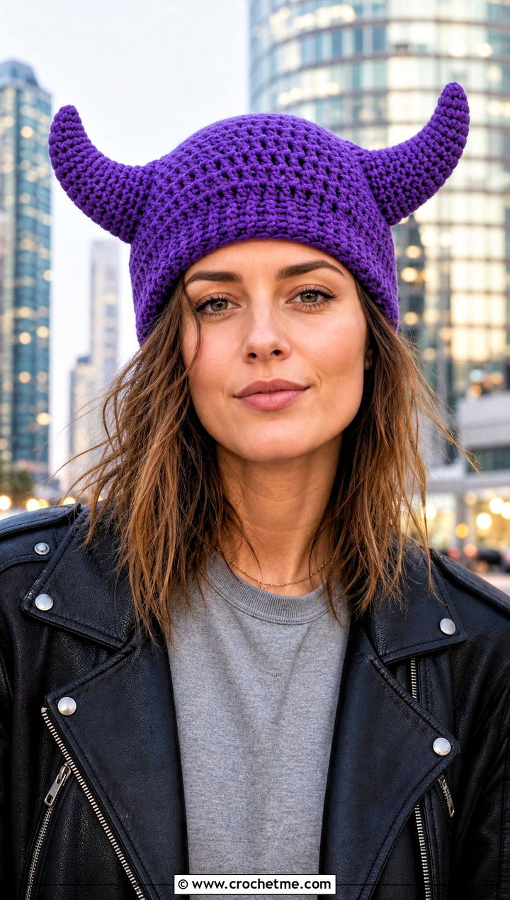 Curved Demon Horned Beanie With Leather Jacket - 20 Crochet Horned Beanie outfit ideas