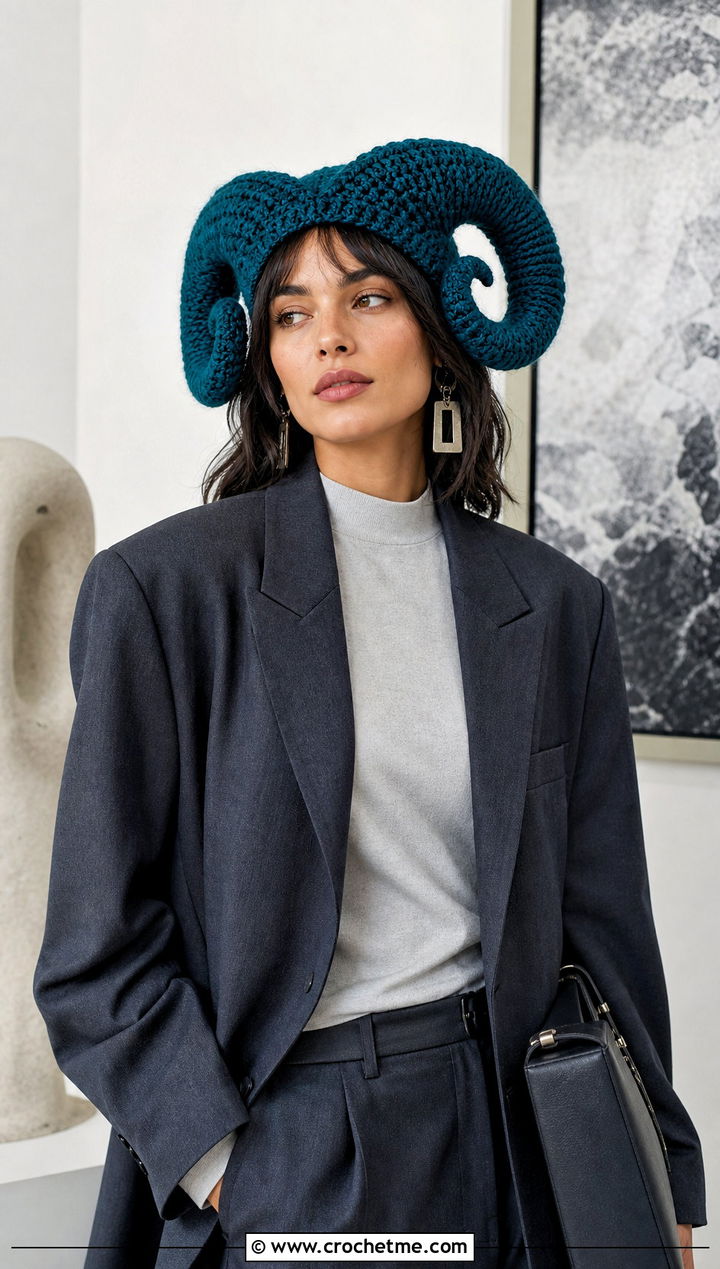Curved Ram Horn Hat With Tailored Blazer - 30 crochet hat with horns outfit ideas