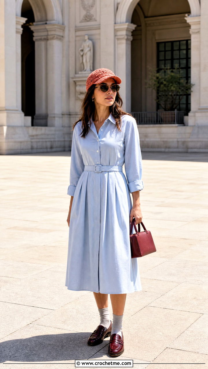 Curved Visor Crochet Newsboy Hat With Shirt Dress And Loafers - 35 crochet newsboy hat outfit ideas