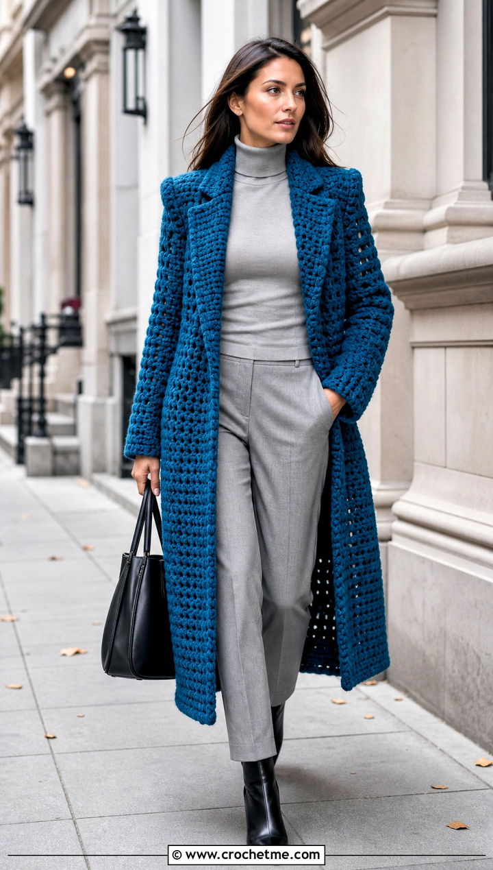 Custom Crochet Long Coat With Monochrome Basics - 20 Custom Crochet Clothes and outfit ideas