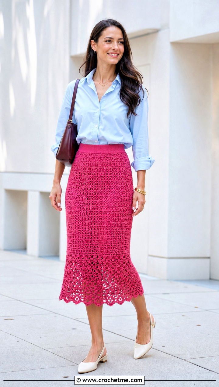 Custom Crochet Midi Skirt With Button Down Shirt - 20 Custom Crochet Clothes and outfit ideas