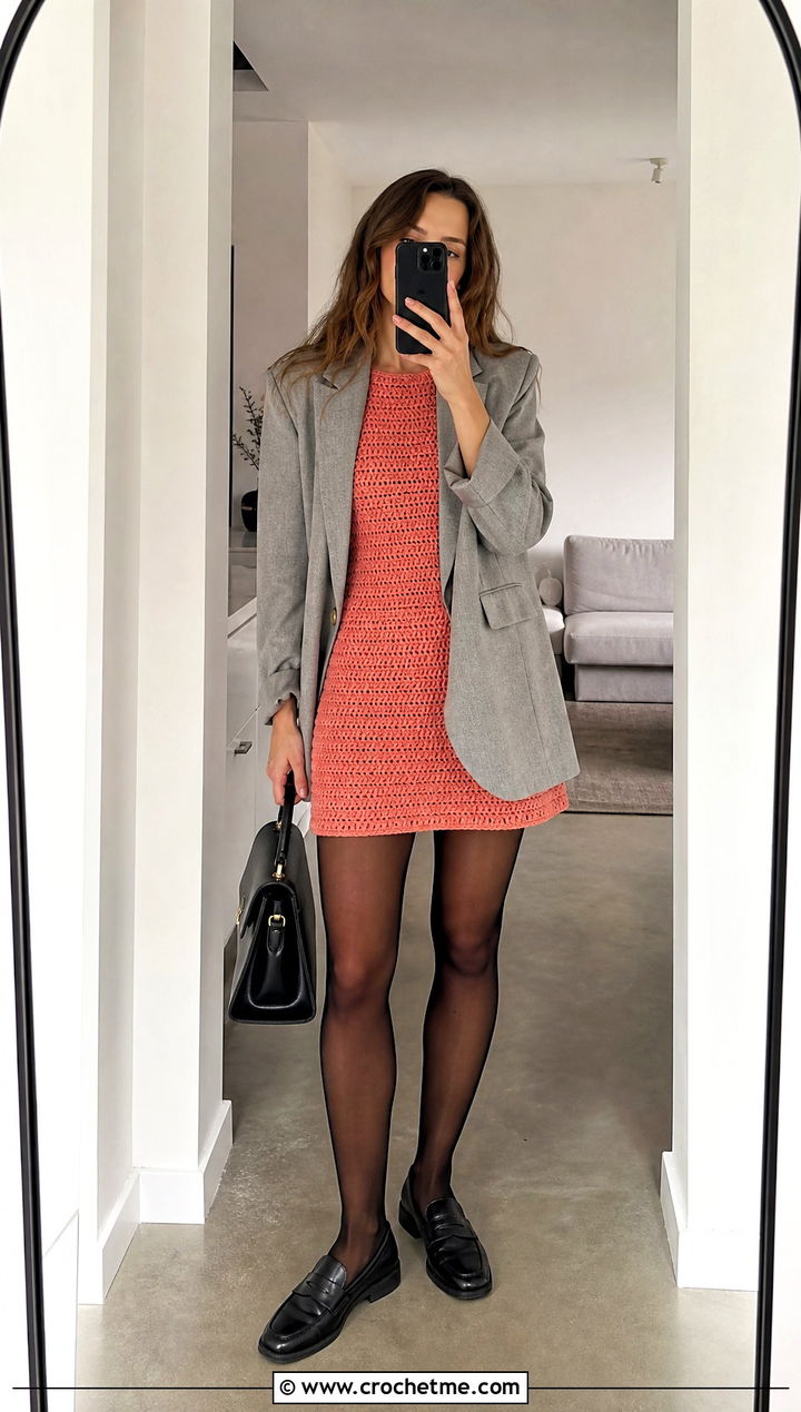 Custom Crochet Mini Dress With Blazer and Loafers - 20 Custom Crochet Clothes and outfit ideas