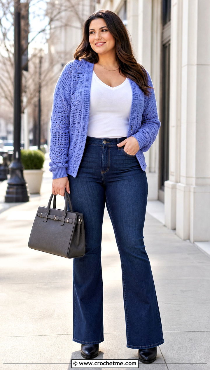 Custom Fit Solid Hexagon Cardigan With Bootcut Jeans - 30 crochet solid hexagon cardigan outfit ideas