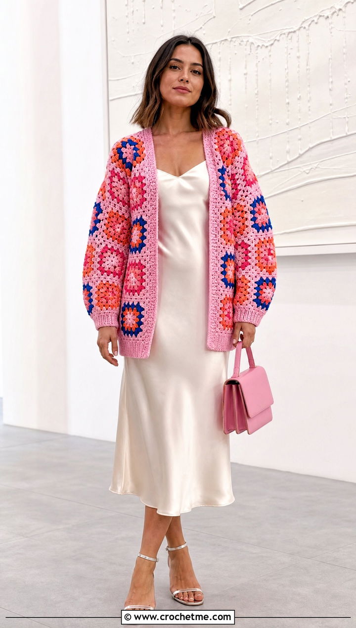 Custom Granny Square Cardigan With Slip Dress - 20 Custom Crochet Clothes and outfit ideas