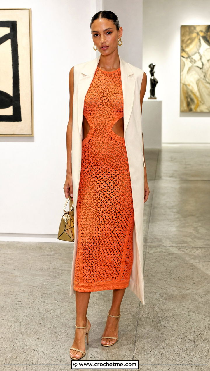Cutout Crochet Dress With Longline Vest - 30 crochet fancy dress outfit ideas