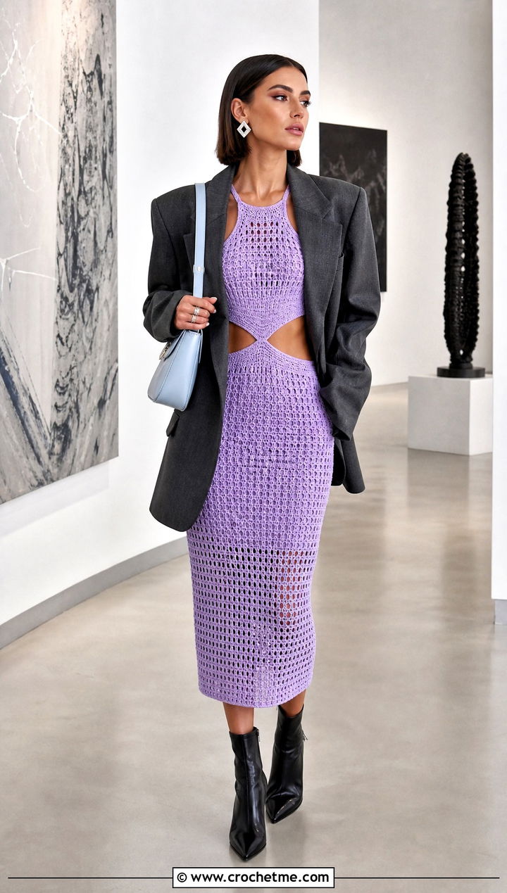 Cutout Crochet Dress With Oversized Blazer - 35 cute crochet dress ideas