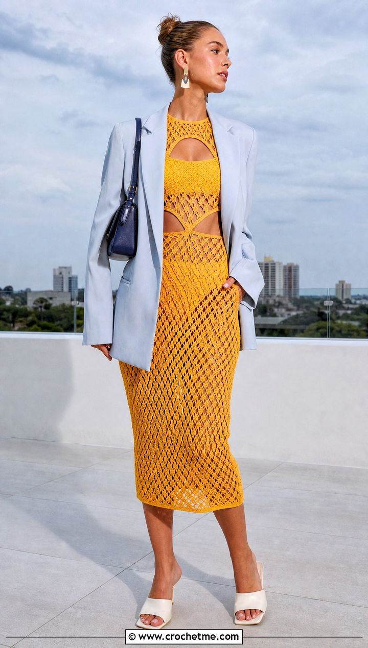 Cutout Crochet Dress With Oversized Blazer And Mules - 25 crochet a dress for women outfit ideas