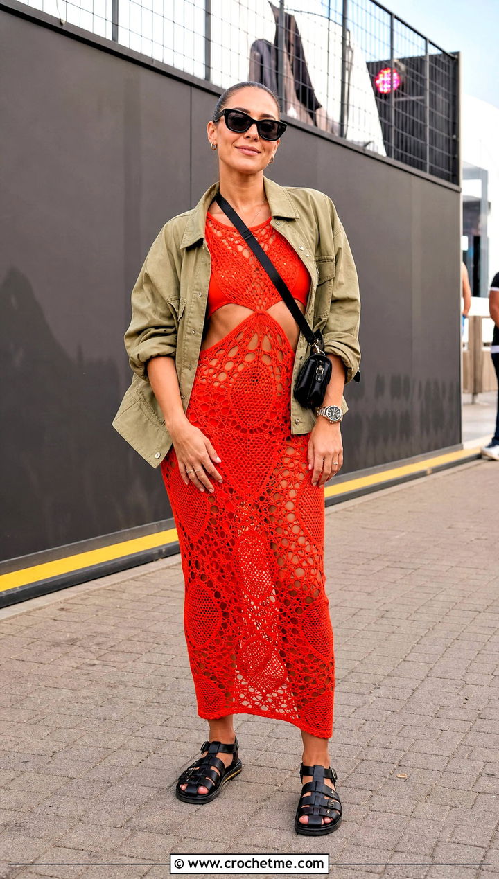 Cutout Crochet Lace Dress With Utility Jacket - 35 Crochet Lace Dress outfit ideas