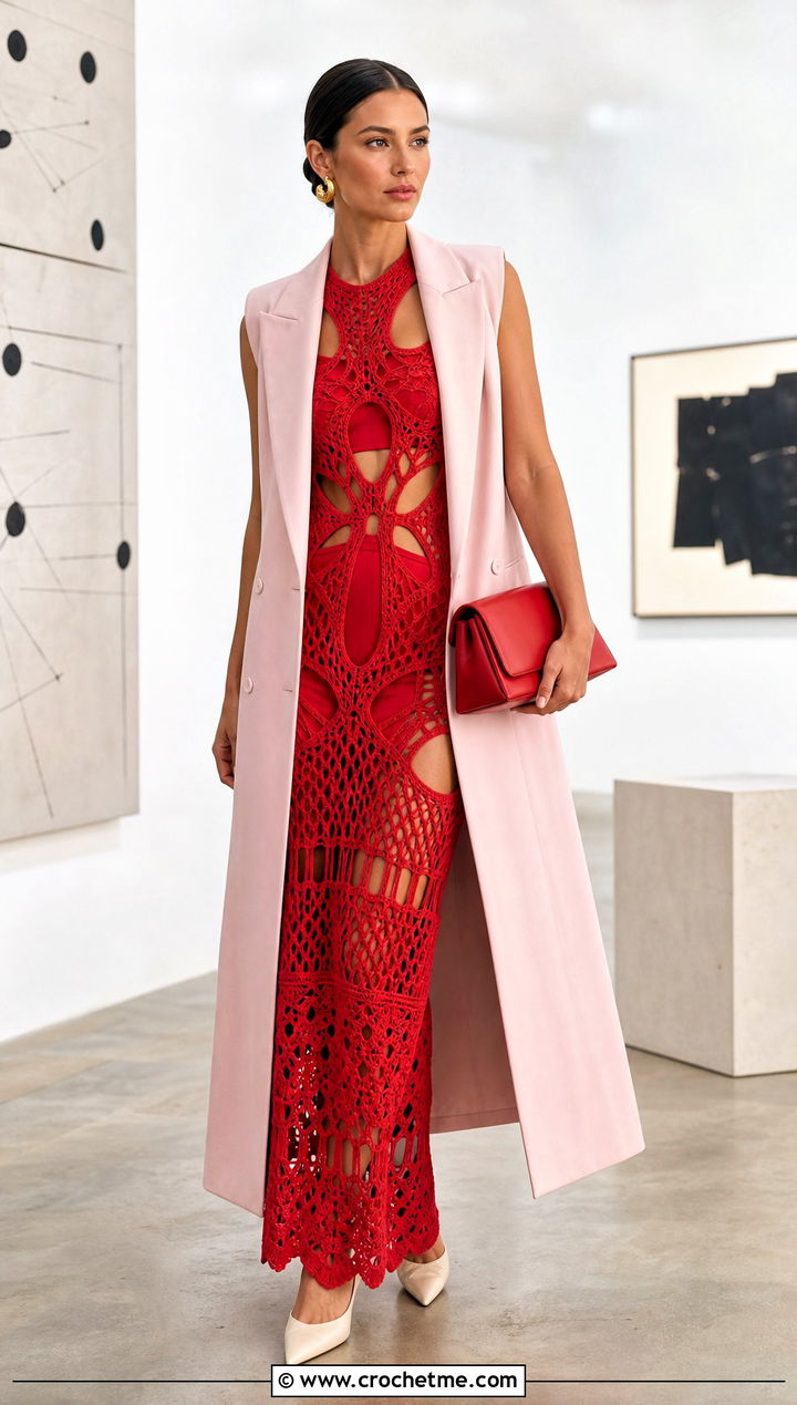 Cutout Crochet Long Dress With Tailored Vest - 35 crochet long dress outfit ideas