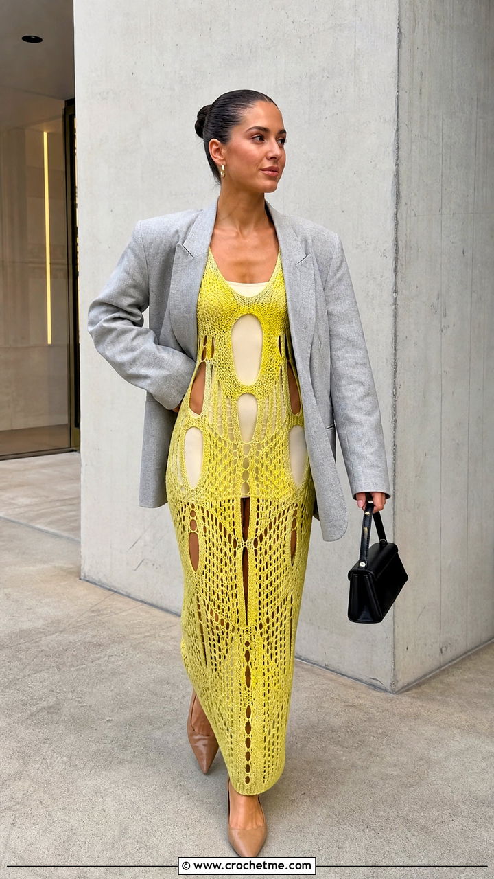 Cutout Crochet Maxi Dress With Oversized Blazer - 35 Crochet Maxi Dress outfit ideas