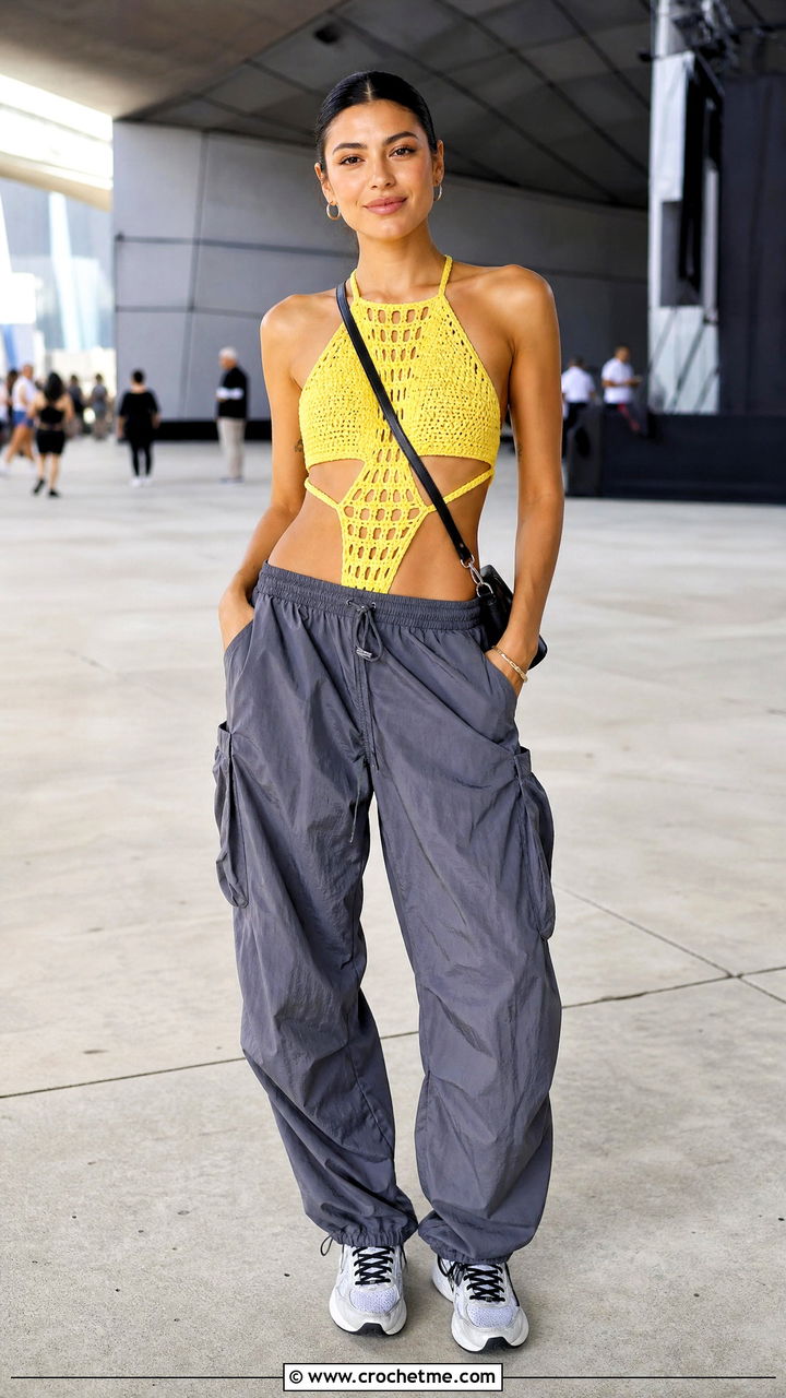 Cutout Crochet Top With Parachute Pants - 35 crochet going out top outfit ideas