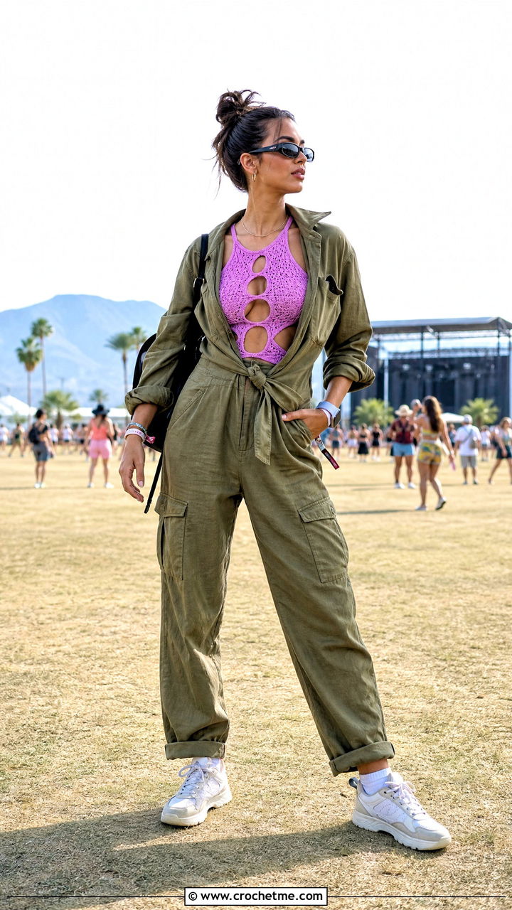 Cutout Crochet Top With Utility Jumpsuit - 35 crochet festival top outfit ideas