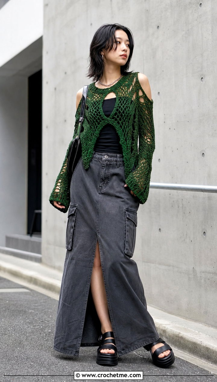 Cutout Distressed Crochet Sweater With Cargo Maxi Skirt - 35 distressed crochet sweater outfit ideas