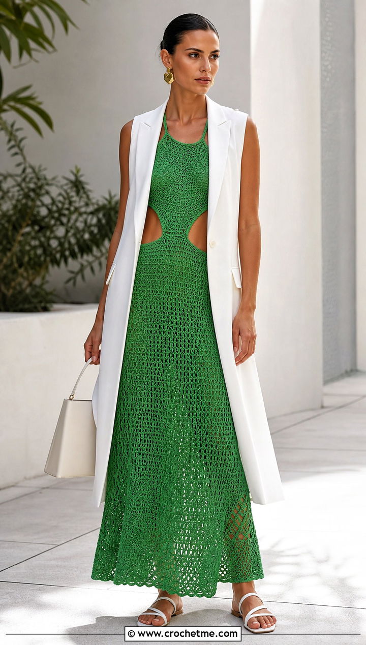 Cutout Long Crochet Dress With Tailored Vest - 35 Long Crochet Dress outfit ideas
