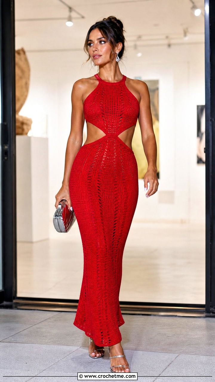 Cutout Maxi Crochet Bodycon Dress With Metallic Heels - 35 crochet bodycon dresses outfit ideas