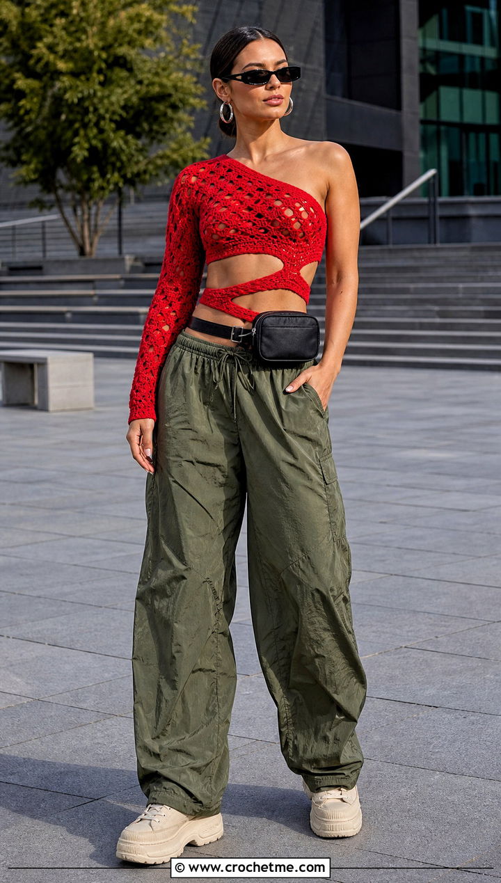 Cutout One Shoulder Crochet Top With Parachute Pants - 35 one shoulder crochet top outfit ideas