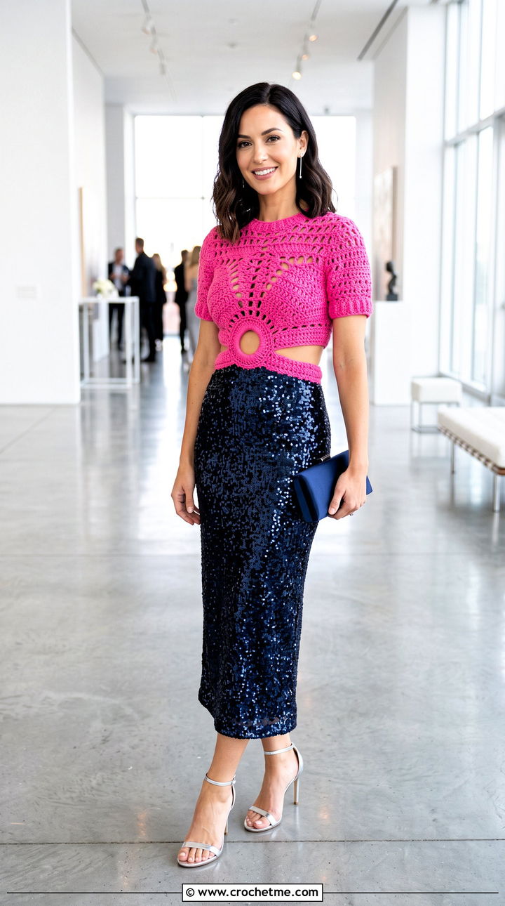 Cutout Peekaboo Crochet Top With Sequin Midi Skirt - 25 peekaboo crochet top outfit ideas