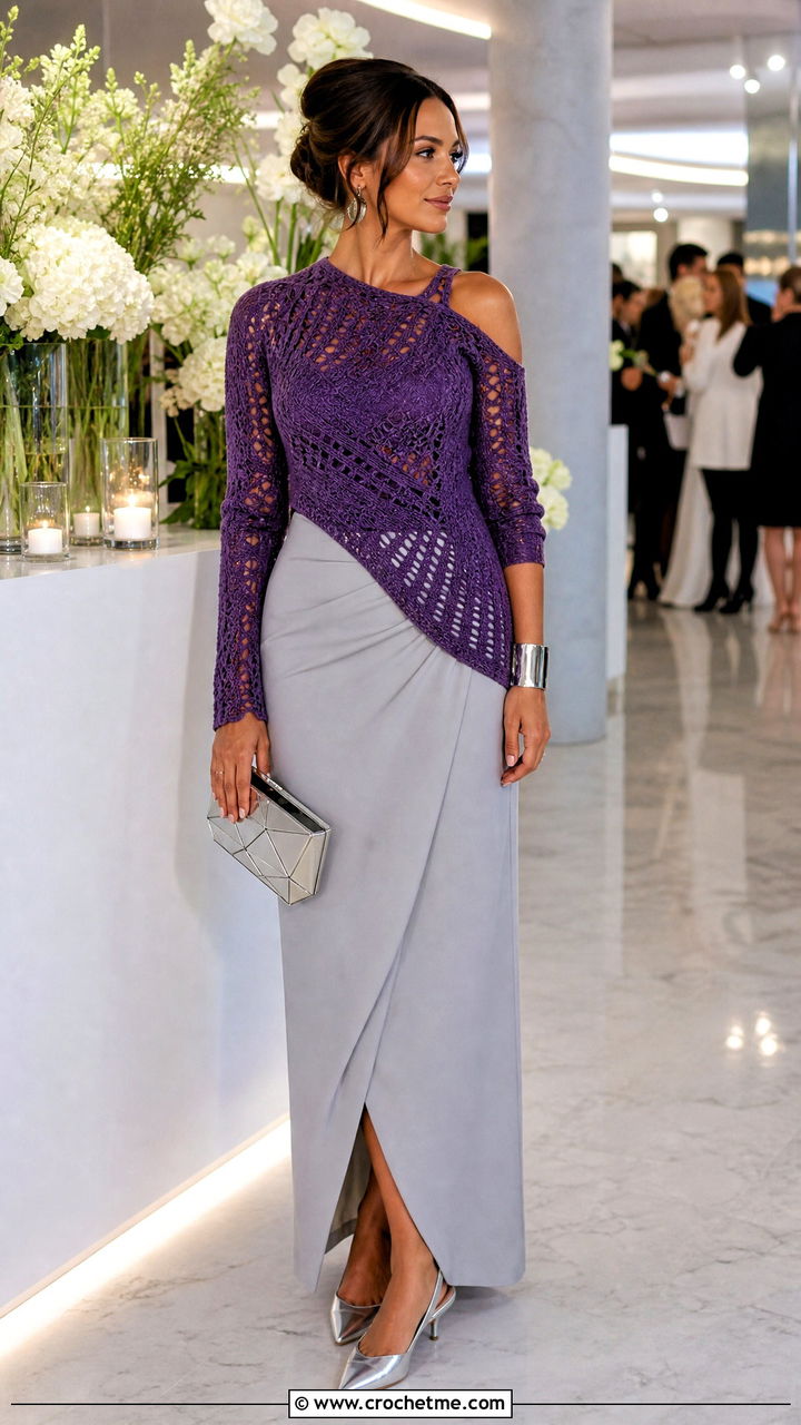 Cutout Shoulder Crochet Asymmetrical Top With Tailored Maxi Skirt - 35 crochet asymmetrical top outfit ideas