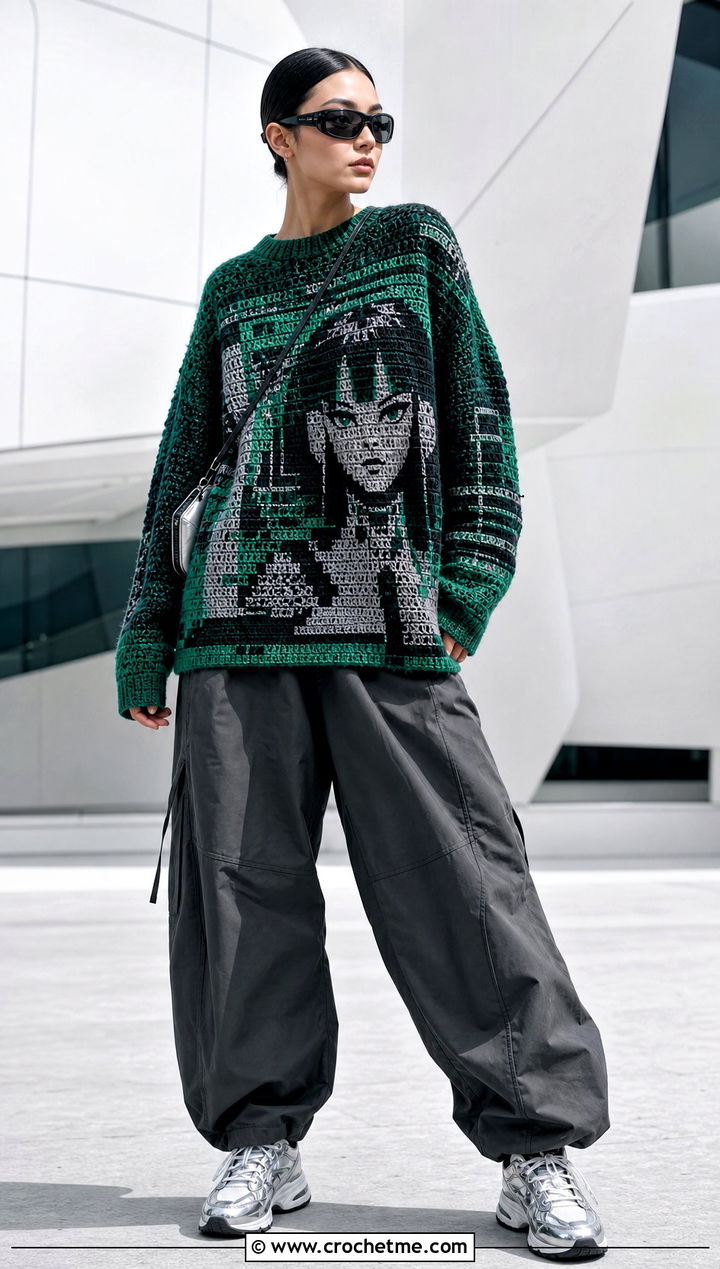 Cyberpunk Anime Crochet Sweater With Parachute Pants - 30 Anime Crochet Sweater outfit ideas