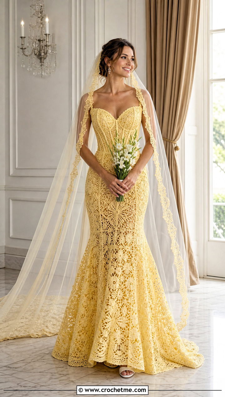 DIY Basque Waist Crochet Wedding Dress With Long Veil - 35 diy crochet wedding dress outfit ideas