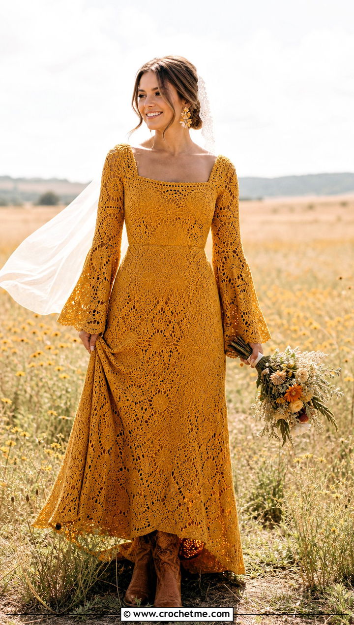 DIY Bell Sleeve Prairie Crochet Wedding Dress With Leather Boots - 35 diy crochet wedding dress outfit ideas