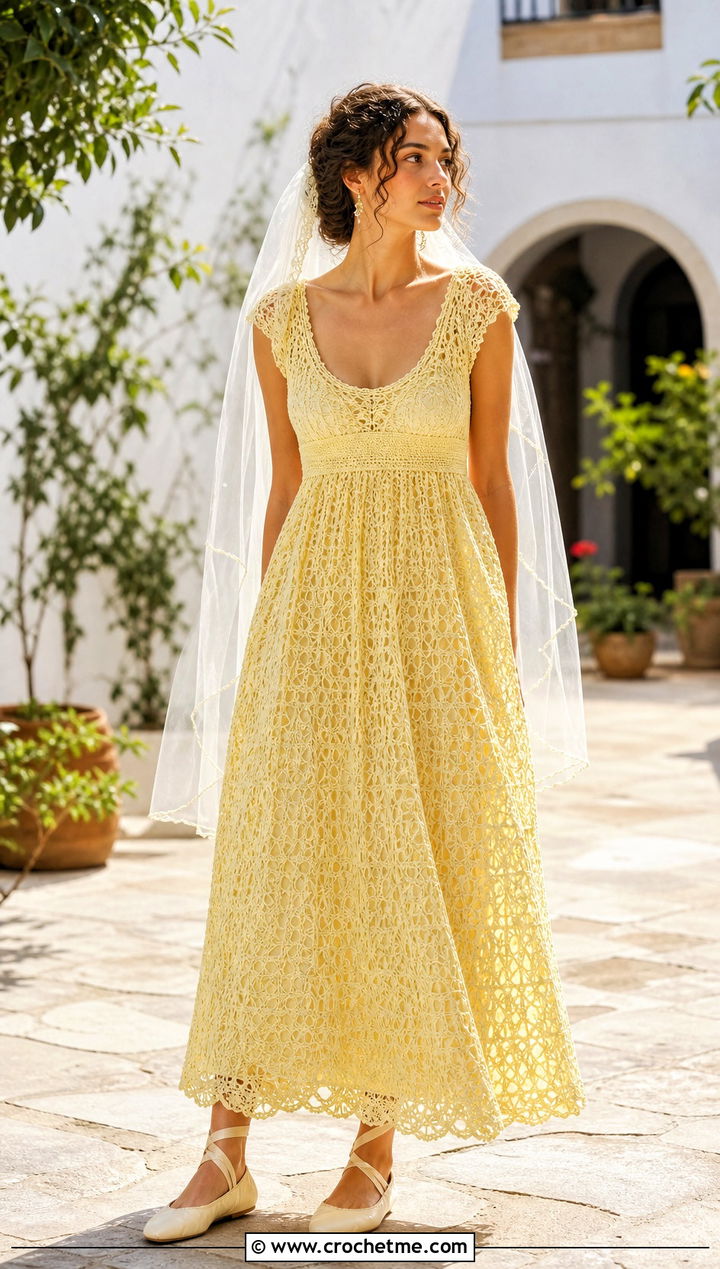 DIY Broomstick Lace Empire Waist Crochet Wedding Dress With Ballet Flats - 35 diy crochet wedding dress outfit ideas