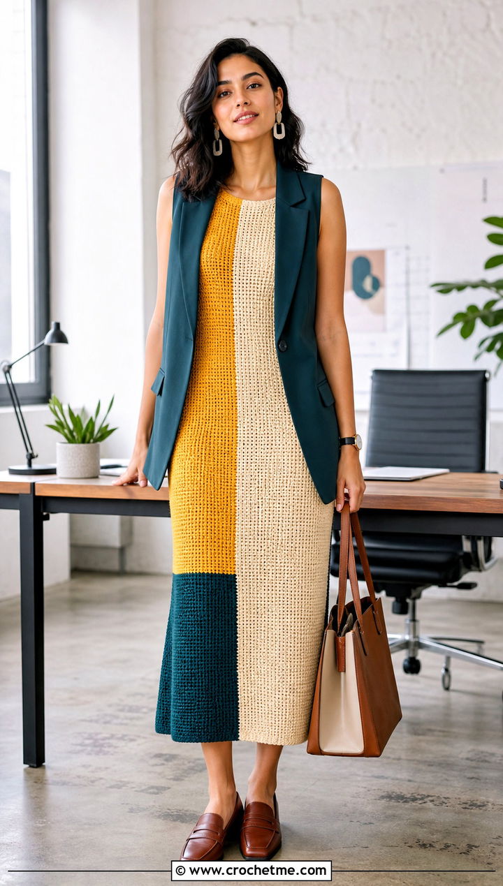 DIY Color Block Crochet Dress With Tailored Vest - 35 diy crochet dress outfit ideas