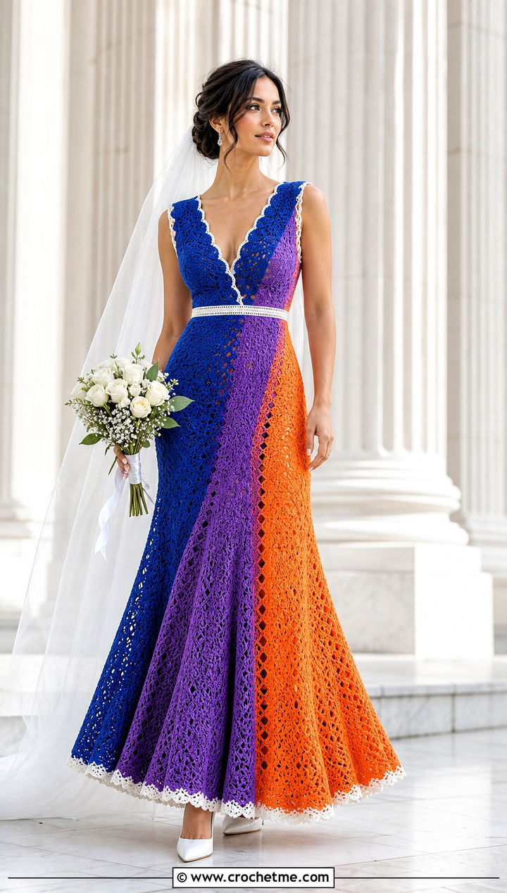 DIY Color Block Crochet Wedding Dress With White Accessories - 35 diy crochet wedding dress outfit ideas