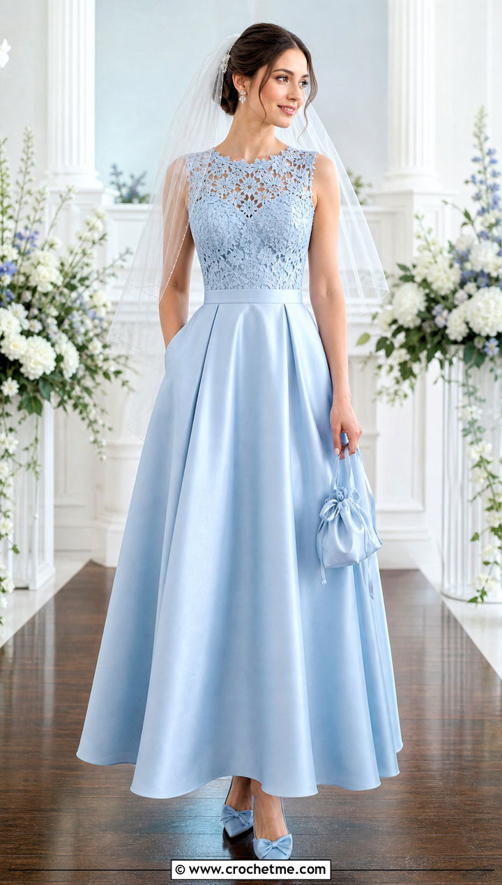 DIY Crochet Bodice Satin Skirt Wedding Dress With Bow Heels - 35 diy crochet wedding dress outfit ideas