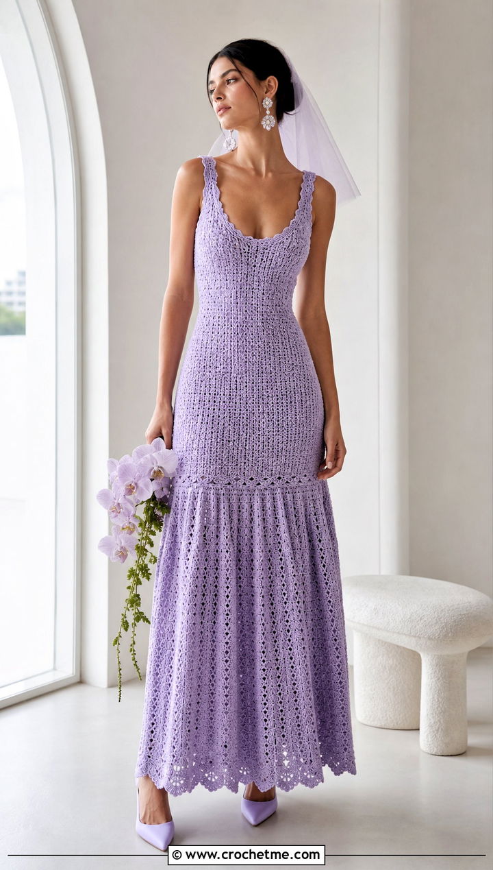 DIY Drop Waist Crochet Wedding Dress With Statement Earrings - 35 diy crochet wedding dress outfit ideas