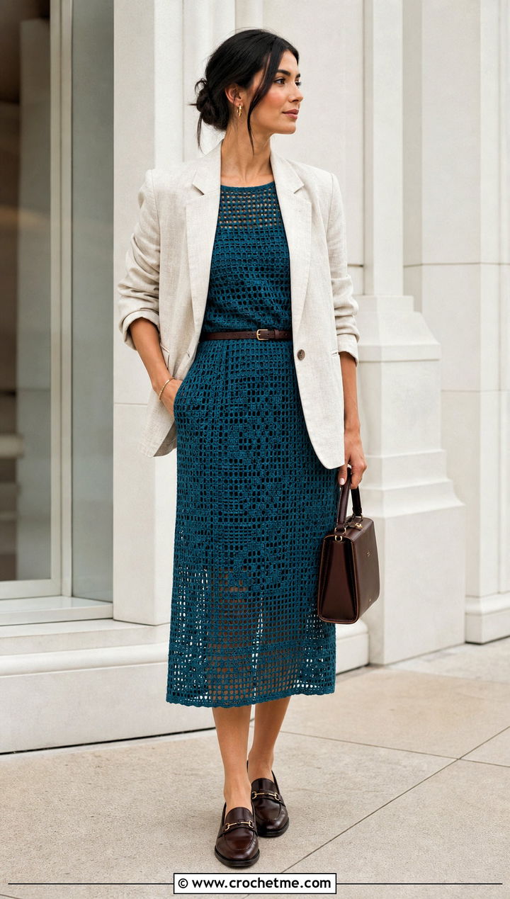 DIY Filet Crochet Midi Dress With Linen Blazer - 35 diy crochet dress outfit ideas