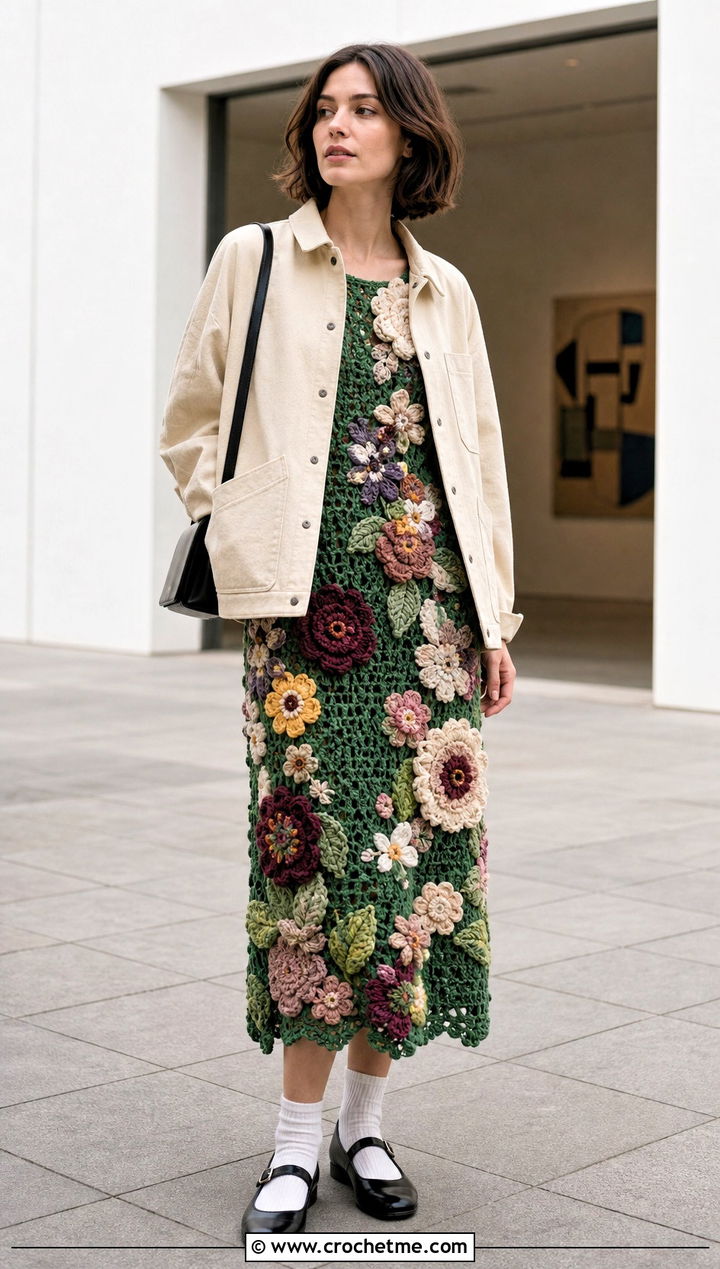 DIY Floral Applique Crochet Dress With Canvas Jacket - 35 diy crochet dress outfit ideas