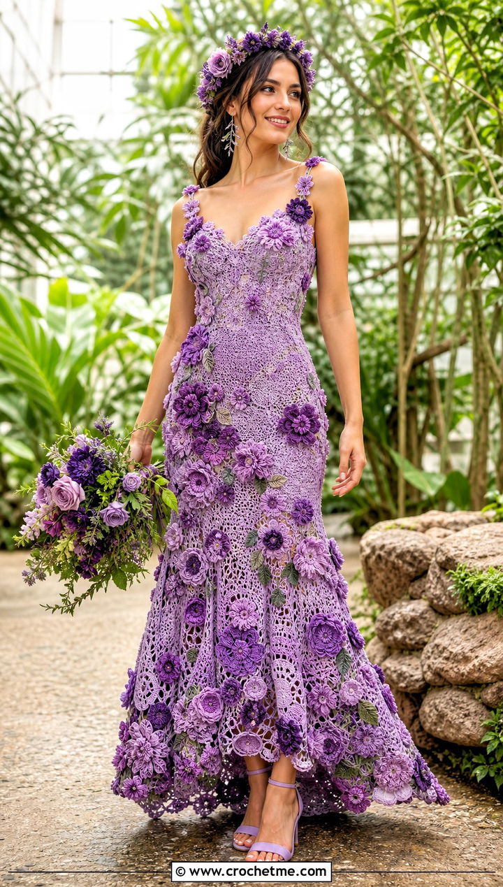 DIY Floral Motif Fit And Flare Crochet Wedding Dress With Floral Headpiece - 35 diy crochet wedding dress outfit ideas