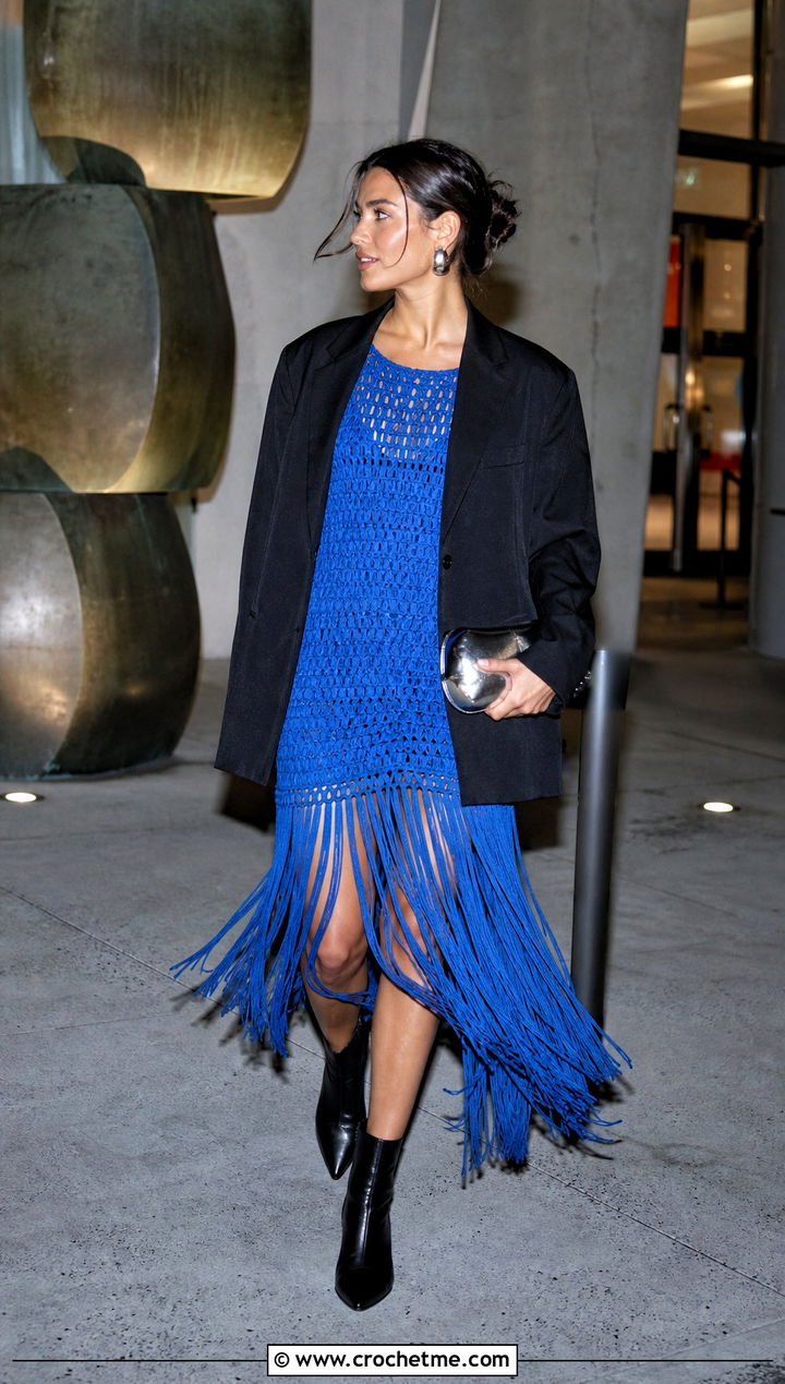 DIY Fringe Hem Crochet Dress With Oversized Blazer - 35 diy crochet dress outfit ideas