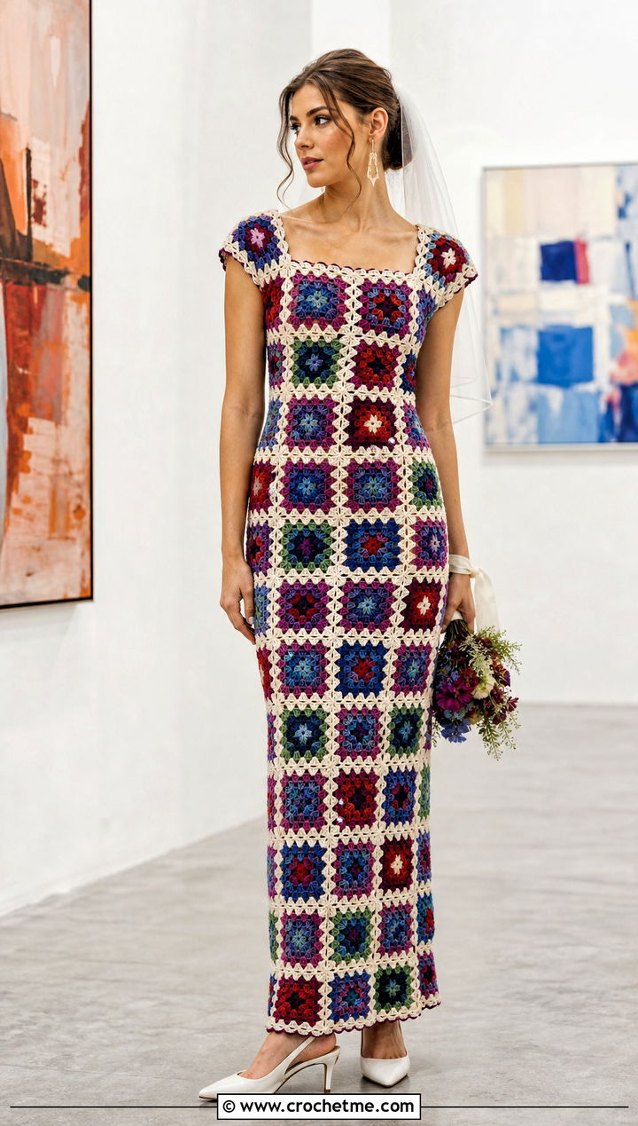 DIY Granny Square Column Crochet Wedding Dress With Short Veil - 35 diy crochet wedding dress outfit ideas