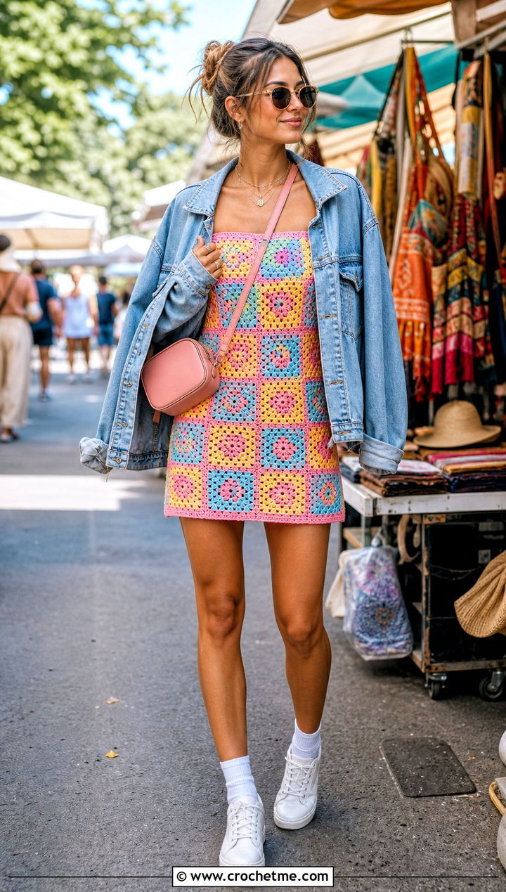 DIY Granny Square Mini Crochet Dress With Denim Jacket - 35 diy crochet dress outfit ideas