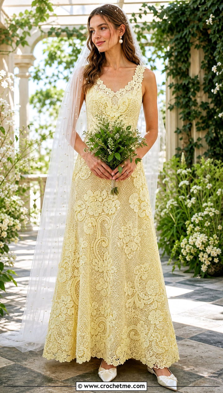 DIY Irish Crochet Lace A Line Wedding Dress With Pearl Veil - 35 diy crochet wedding dress outfit ideas