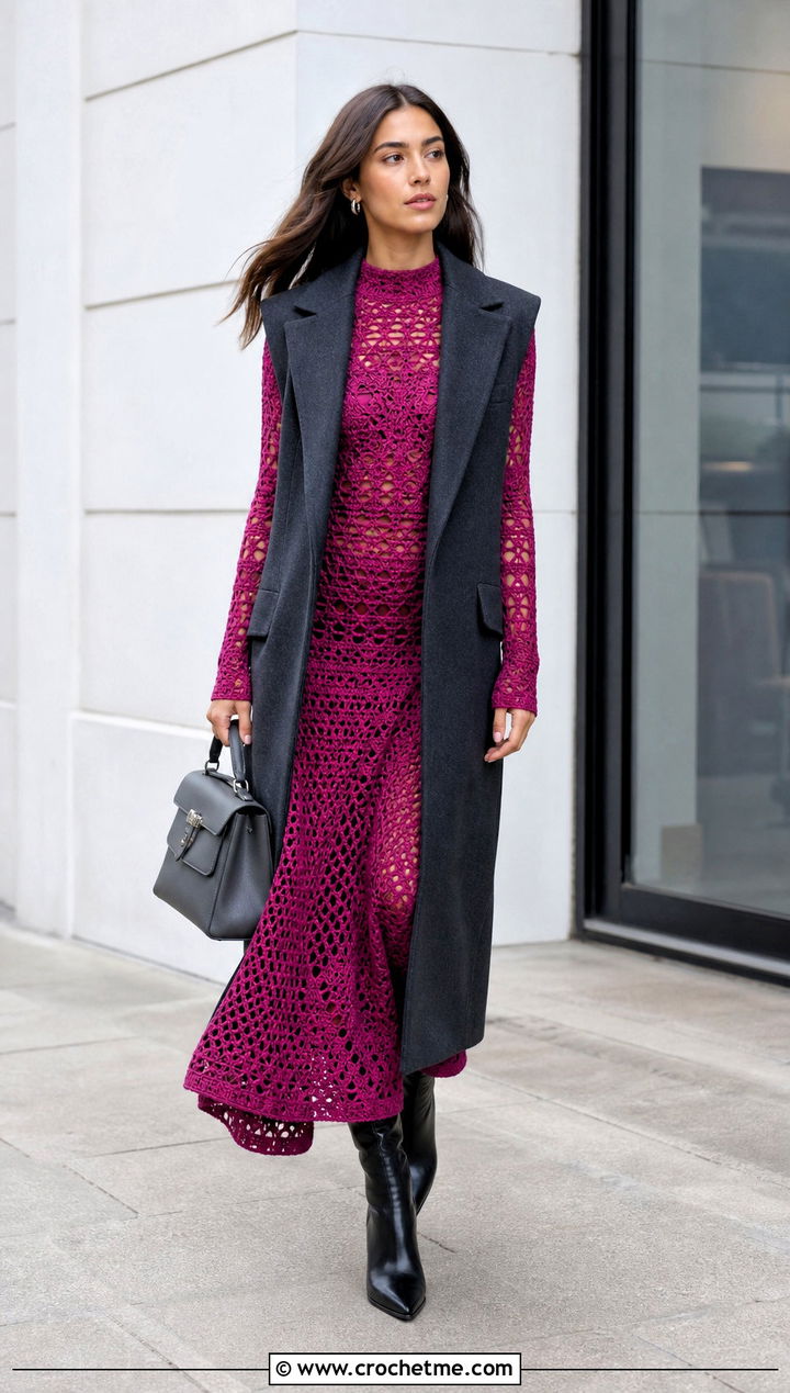 DIY Long Sleeve Crochet Maxi Dress With Sleeveless Coat - 35 diy crochet dress outfit ideas
