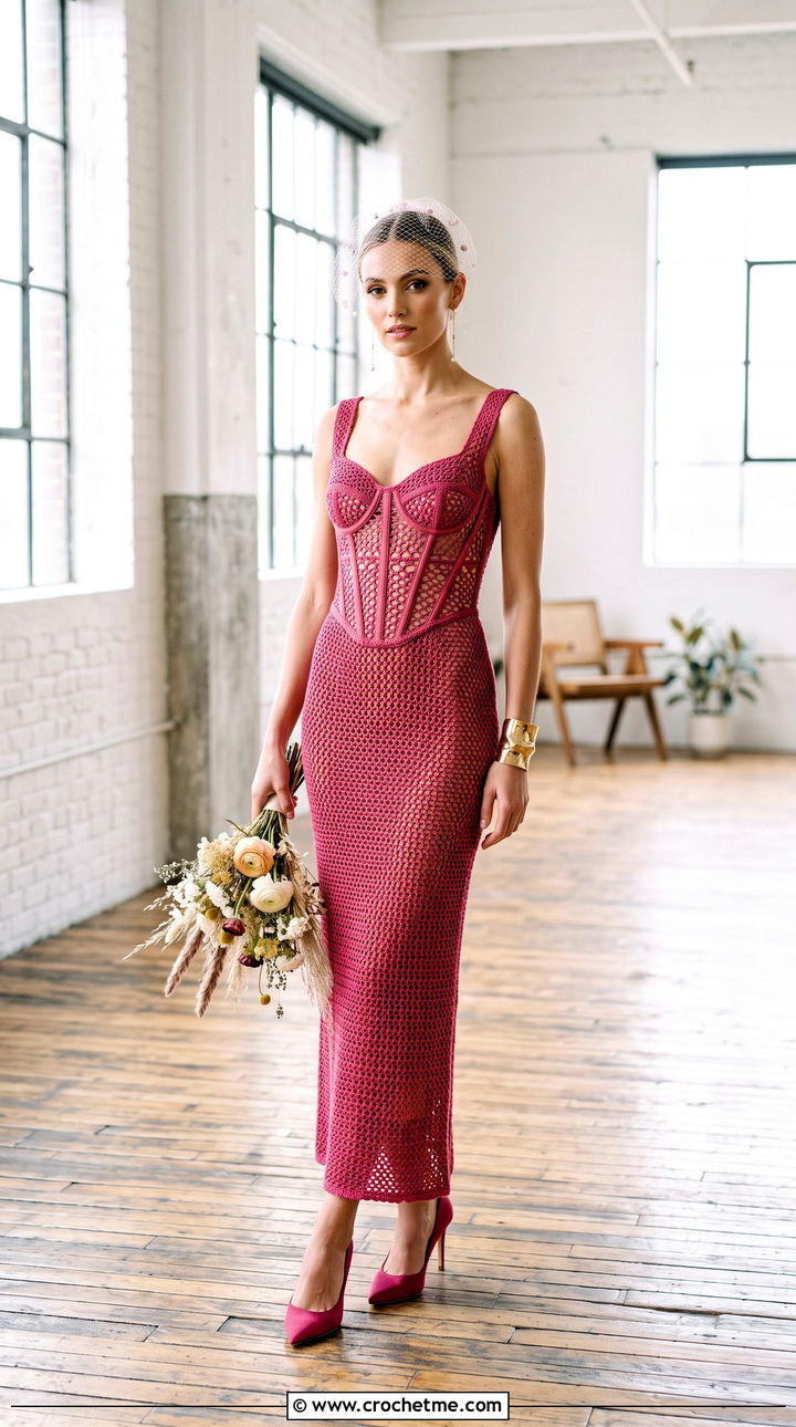 DIY Mesh Stitch Corset Crochet Wedding Dress With Pointed Heels - 35 diy crochet wedding dress outfit ideas