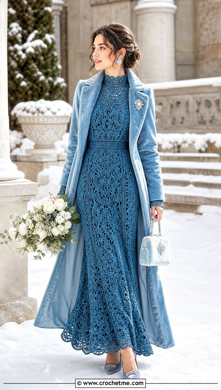DIY Mock Neck Winter Crochet Wedding Dress With Velvet Coat - 35 diy crochet wedding dress outfit ideas