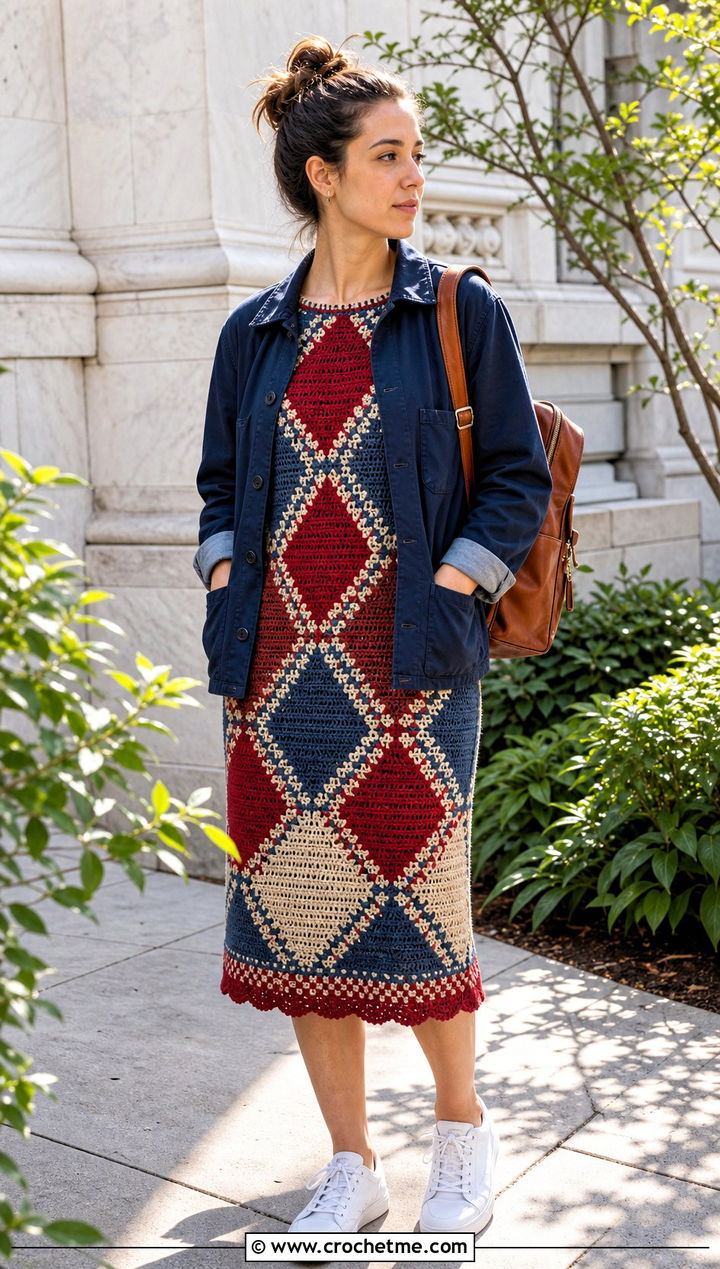 DIY Mosaic Crochet Dress With Chore Jacket - 35 diy crochet dress outfit ideas